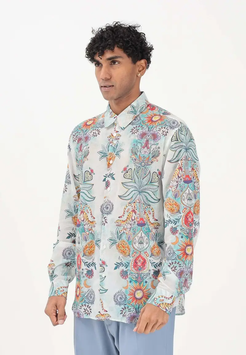 Camicia a manica lunga azzurra da uomo con stampa all-over