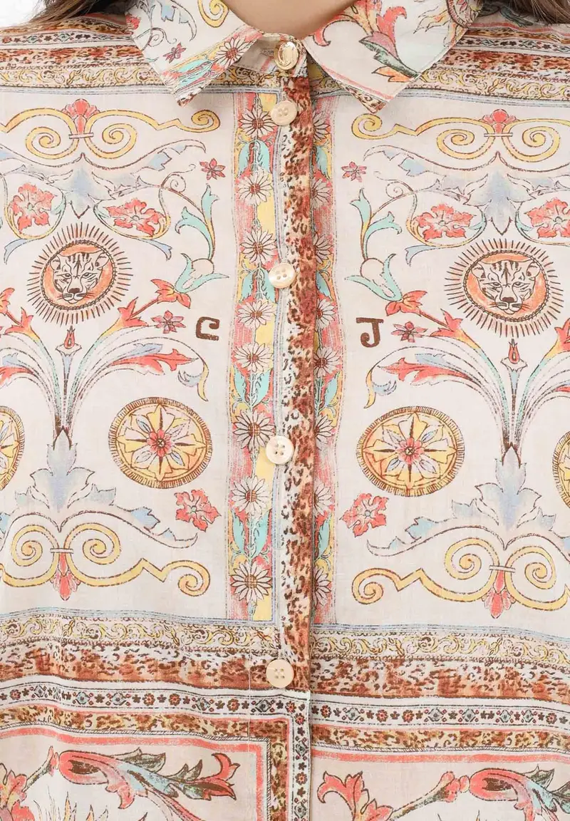 Camicia a manica lunga panna da donna con fantasia miniatura 3