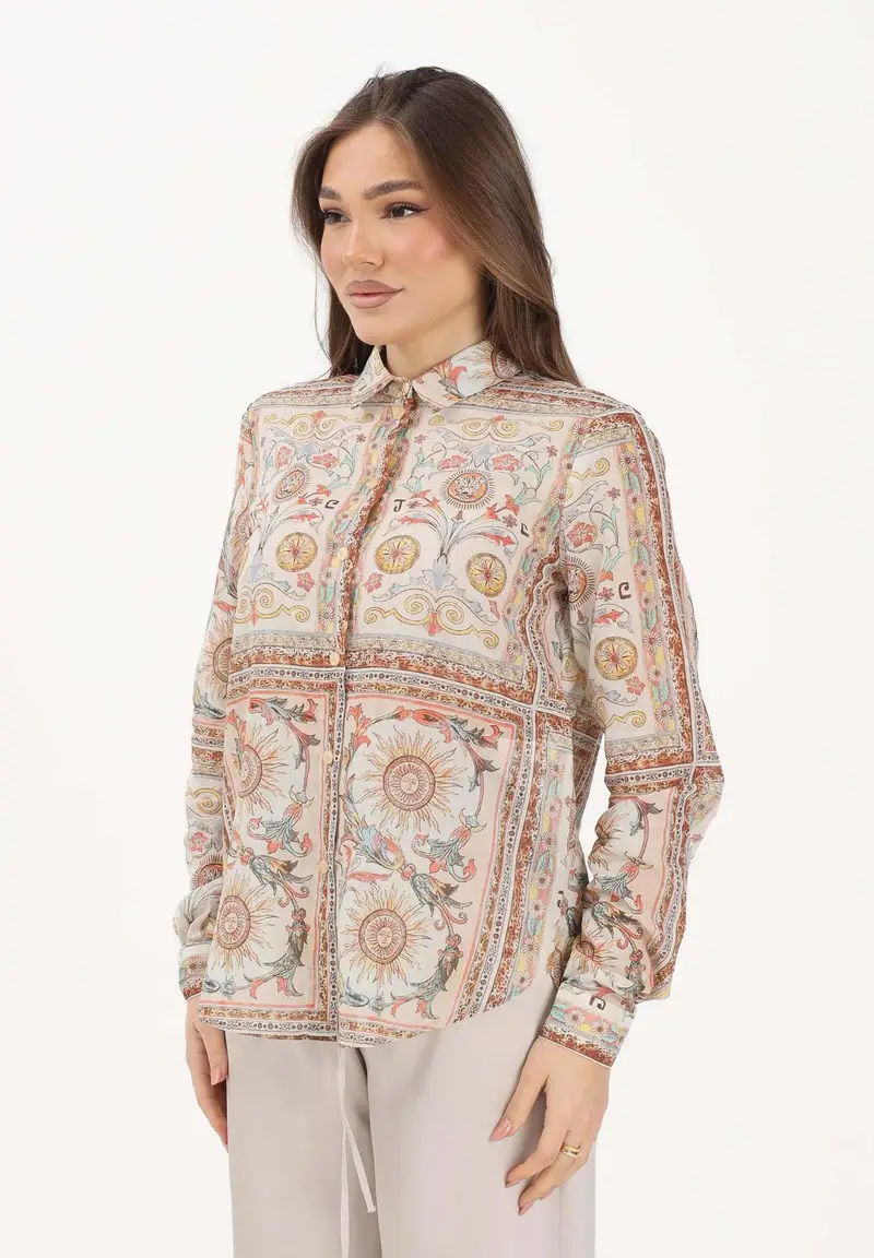 Camicia a manica lunga panna da donna con fantasia