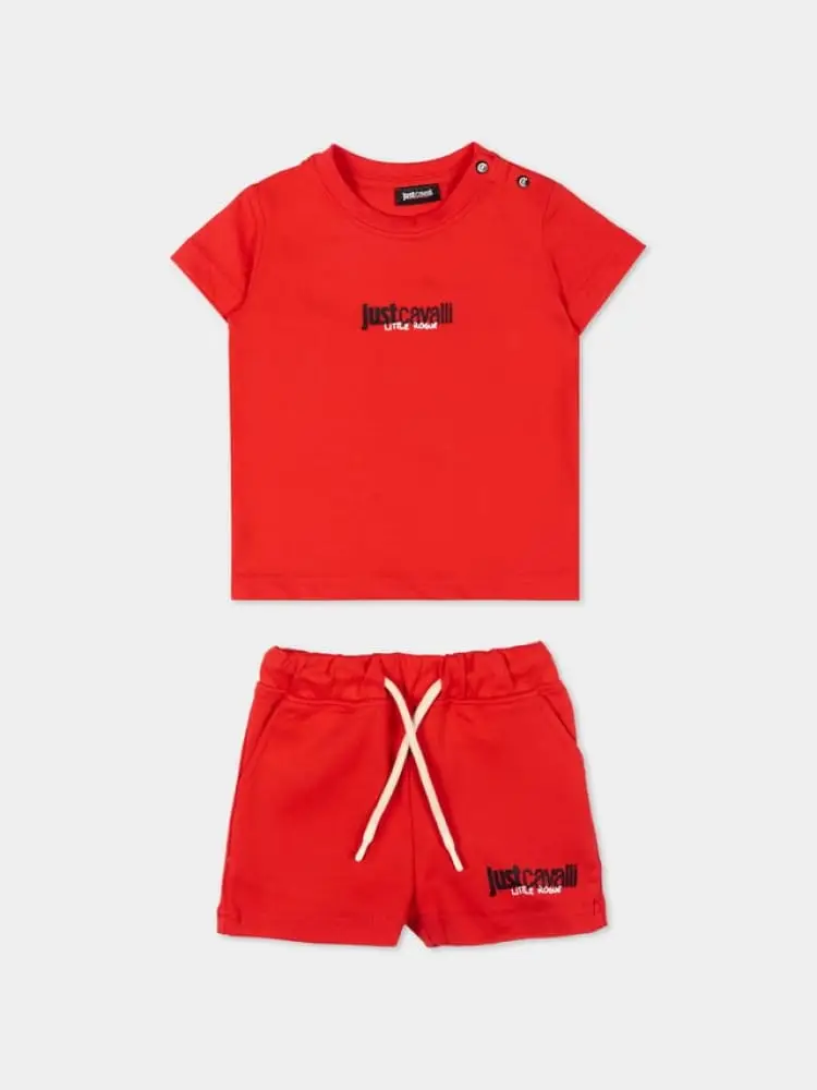 set infant t-shirt e bermuda aistala in cotone rosso con logo