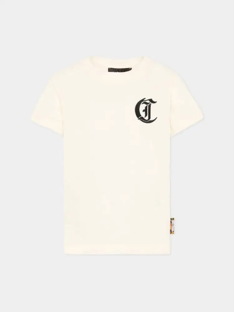 t-shirt kids/junior in cotone avorio con logo ricamato