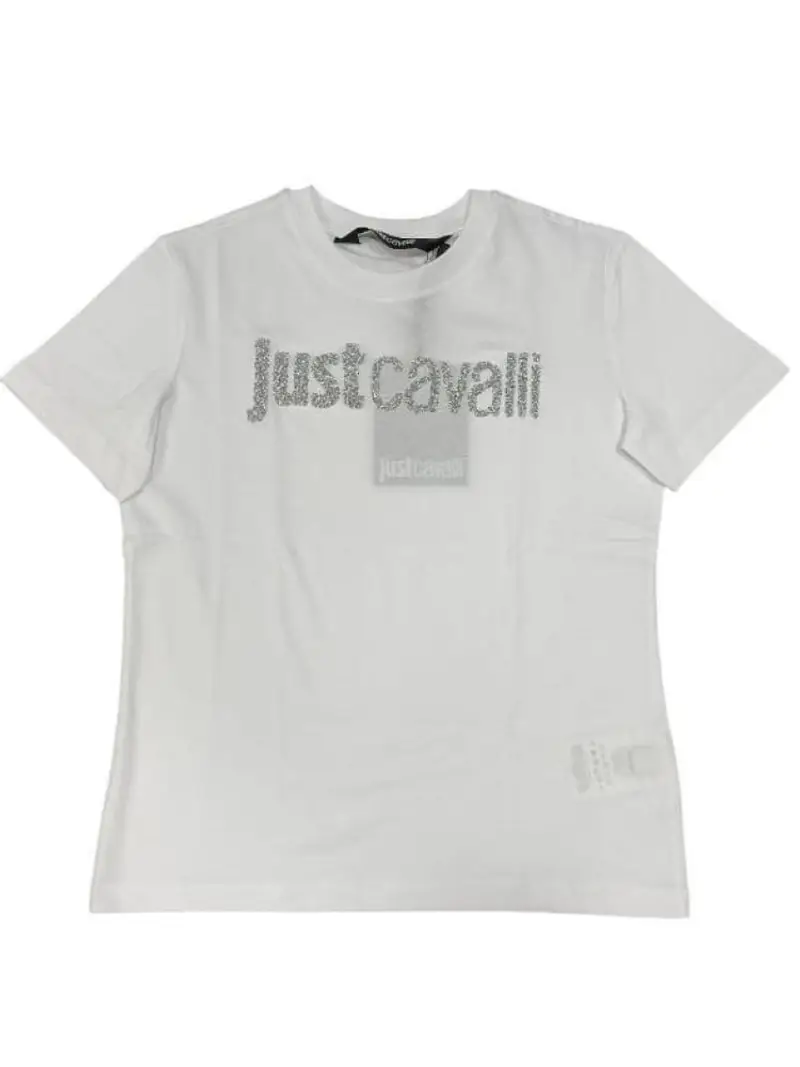 Just Cavalli tshirt bianca donna in cotone logo con strass sul davanti