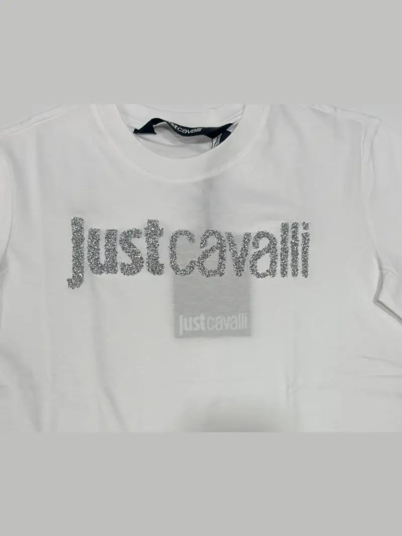 Just Cavalli tshirt bianca donna in cotone logo con strass sul davanti miniatura 3