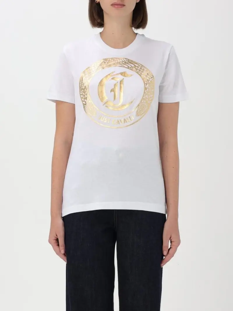 Just Cavalli tshirt bianca donna in cotone logo in lamina oro frontale