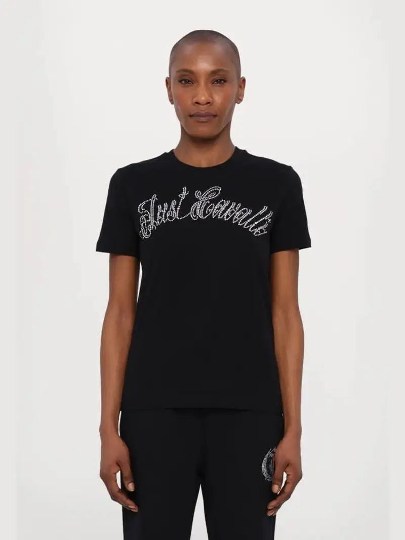 Just Cavalli tshirt nera donna in cotone logo con strass sul davanti