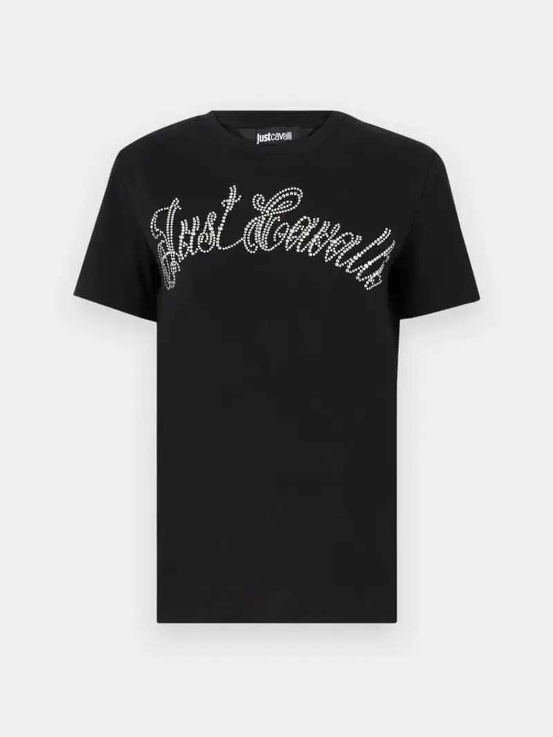 Just Cavalli tshirt nera donna in cotone logo con strass sul davanti miniatura 2