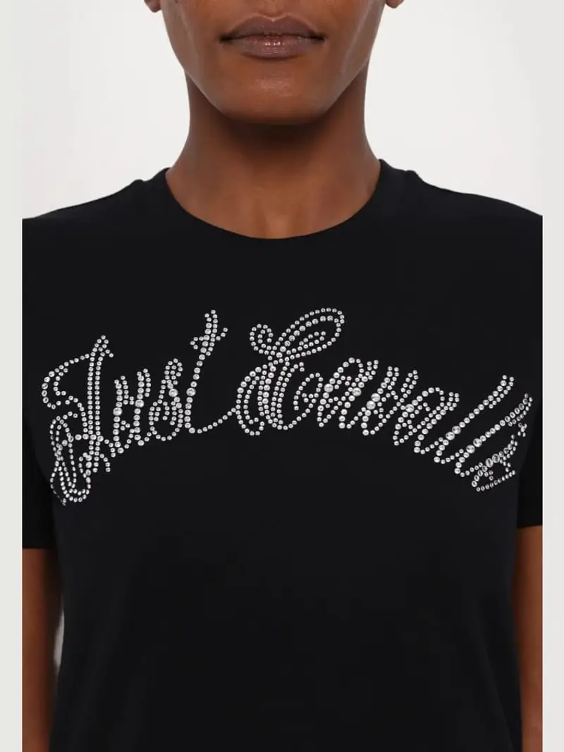 Just Cavalli tshirt nera donna in cotone logo con strass sul davanti miniatura 3