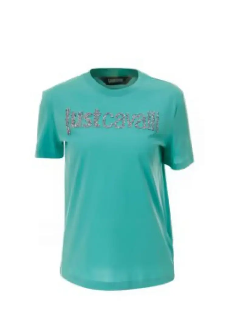 Just Cavalli tshirt verde acqua donna in cotone logo con strass sul davanti
