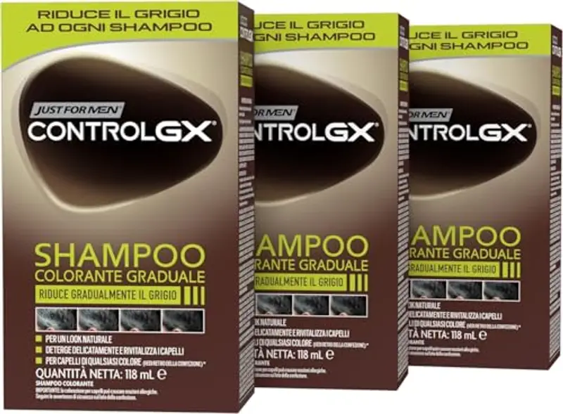 Just For Men Control GX, Shampoo Colorante Uomo, Colore E Tinta Per Capelli, Riduce Gradualmente Il Grigio, Per Un Look Naturale (3 Pack)