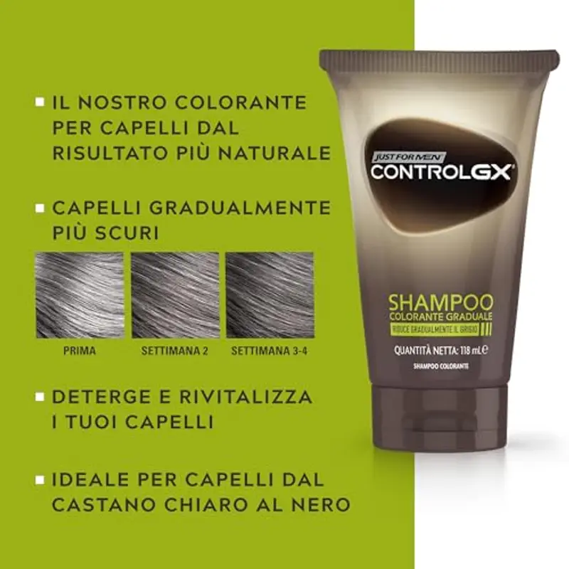 Just For Men Control GX Shampoo Colorante Uomo, Riduce Gradulmente Il Grigio, Colore E Tinta Per Capelli, Per Un Look Naturale, 118 ml miniatura 2
