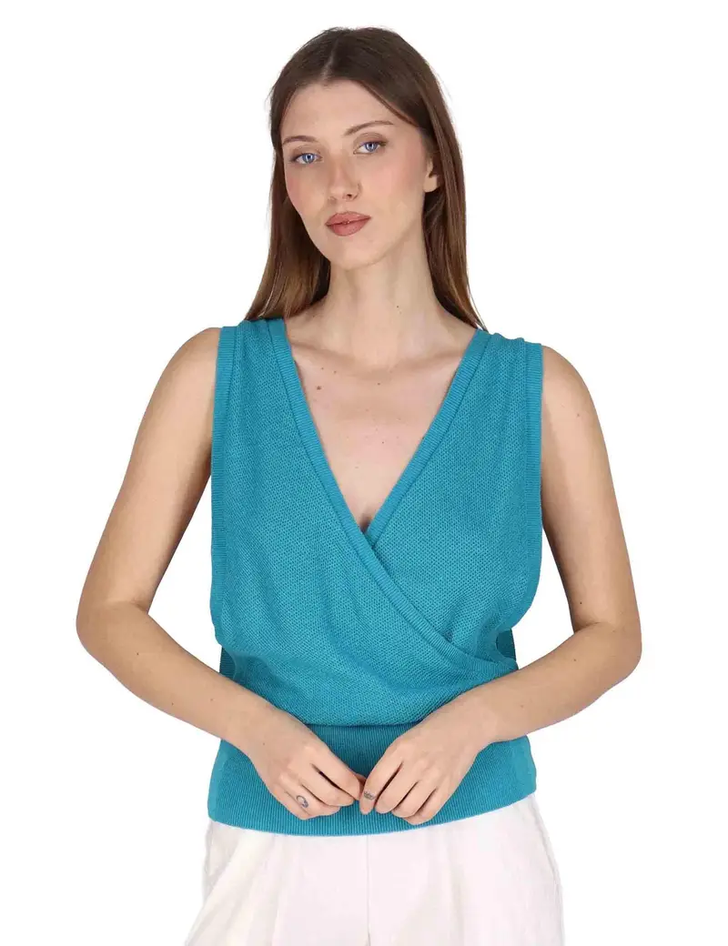 Top Wrap-Style Vest in cotone turchese Donna JABKN0001-G090-1234 6005