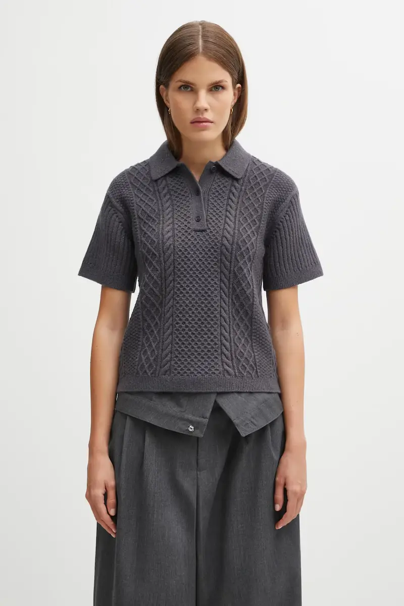 maglione con lana Cropped Cable Knit Polo colore grigio KW1443.YN0446