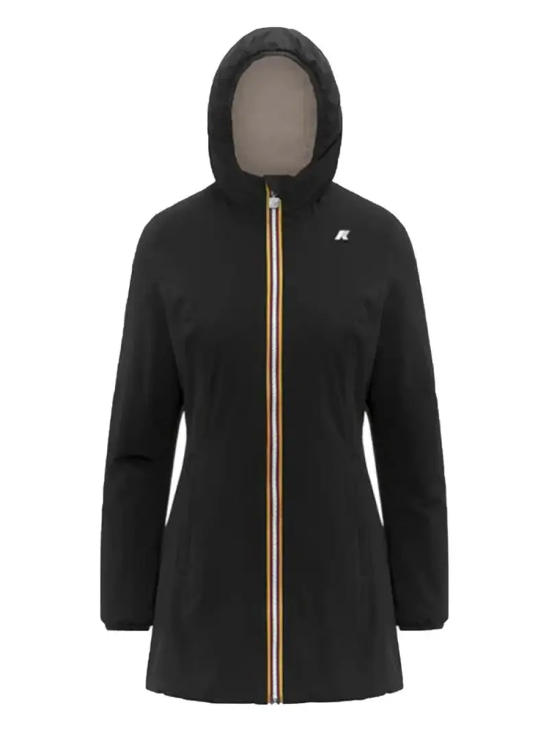 Cappotto nero con cappuccio e zip a doppio cursore