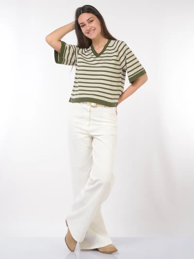 maglia da donna K Way a righe con scollo a V BEIGE miniatura 2