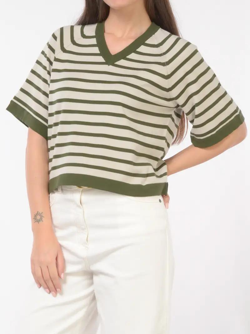 maglia da donna K Way a righe con scollo a V BEIGE