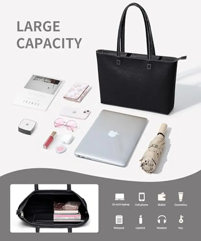 KALIDI, Borsa larga da donna, con cerniera, impermeabile, in poliuretano, per lavoro, scuola, viaggi, uso quotidiano miniatura 3