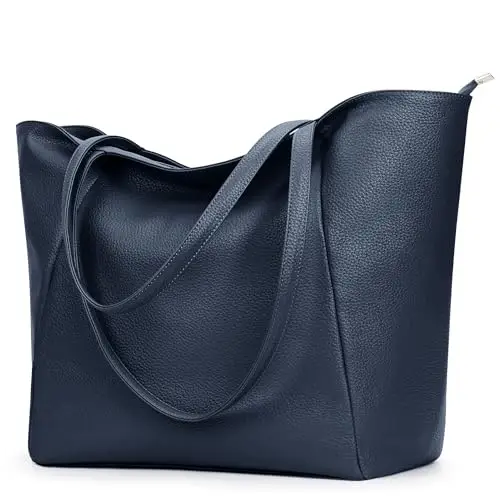 KALIDI Grande borsa tote da donna in pelle PU con cerniera per lavoro, shopping, scuola, viaggi, Blu scuro, 35 cm x 17