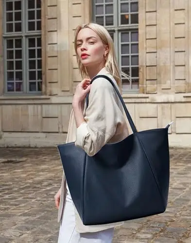 KALIDI Grande borsa tote da donna in pelle PU con cerniera per lavoro, shopping, scuola, viaggi, Blu scuro, 35 cm x 17 miniatura 3