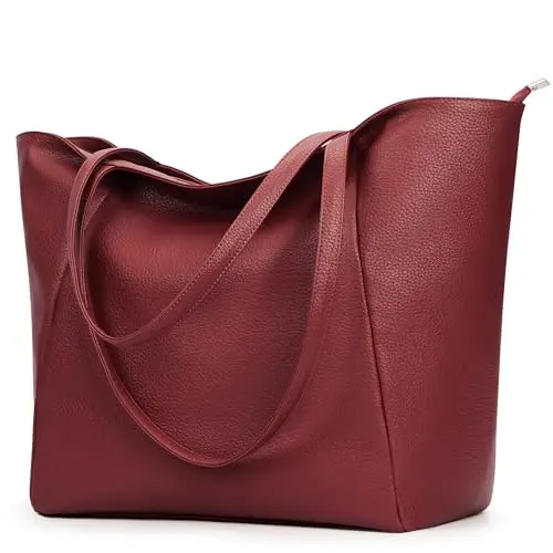 KALIDI Grande borsa tote da donna in pelle PU con cerniera per lavoro, shopping, scuola, viaggi, Borgogna, Large