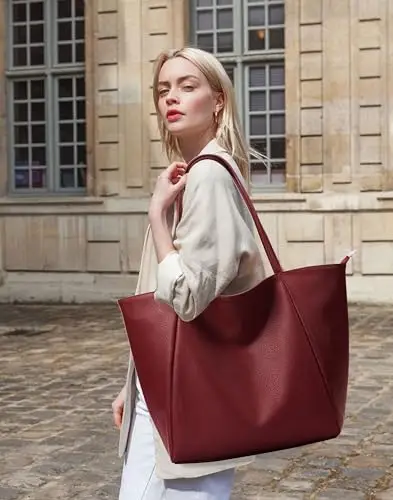 KALIDI Grande borsa tote da donna in pelle PU con cerniera per lavoro, shopping, scuola, viaggi, Borgogna, Large miniatura 3