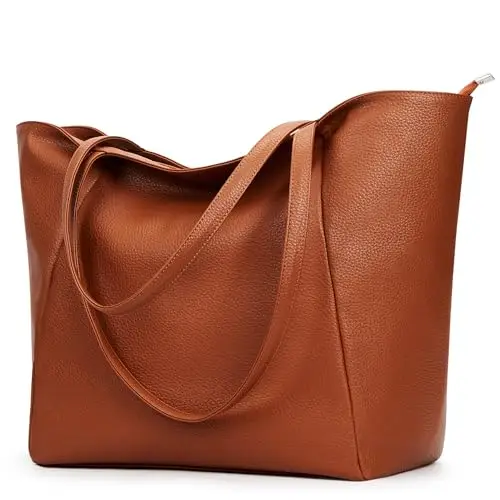 KALIDI Grande borsa tote da donna in pelle PU con cerniera per lavoro, shopping, scuola, viaggi, Marrone
