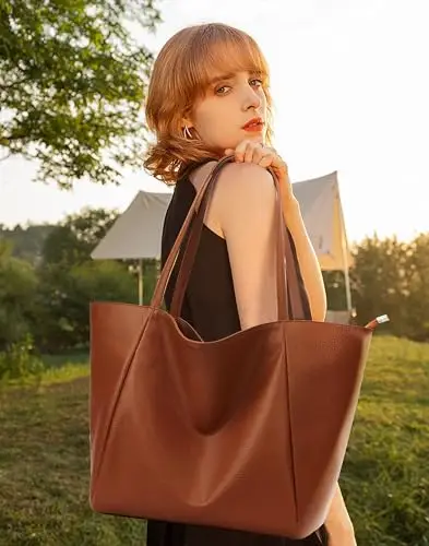 KALIDI Grande borsa tote da donna in pelle PU con cerniera per lavoro, shopping, scuola, viaggi, Marrone miniatura 2