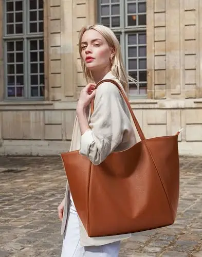 KALIDI Grande borsa tote da donna in pelle PU con cerniera per lavoro, shopping, scuola, viaggi, Marrone miniatura 3