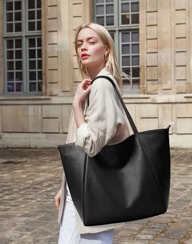 KALIDI Grande borsa tote da donna in pelle PU con cerniera per lavoro, shopping, scuola, viaggi, Nero miniatura 3