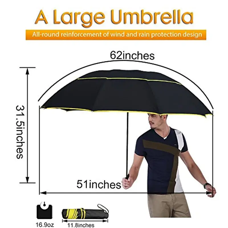 Kalolary Ombrello da Golf Extra Large Ombrello Pieghevole Antipioggia Compatto Oversize, Doppio Baldacchino Ventilato Ombrellone da Viaggio Impermeabile per Donne e Uomini Uso Domestico (Nero) miniatura 2
