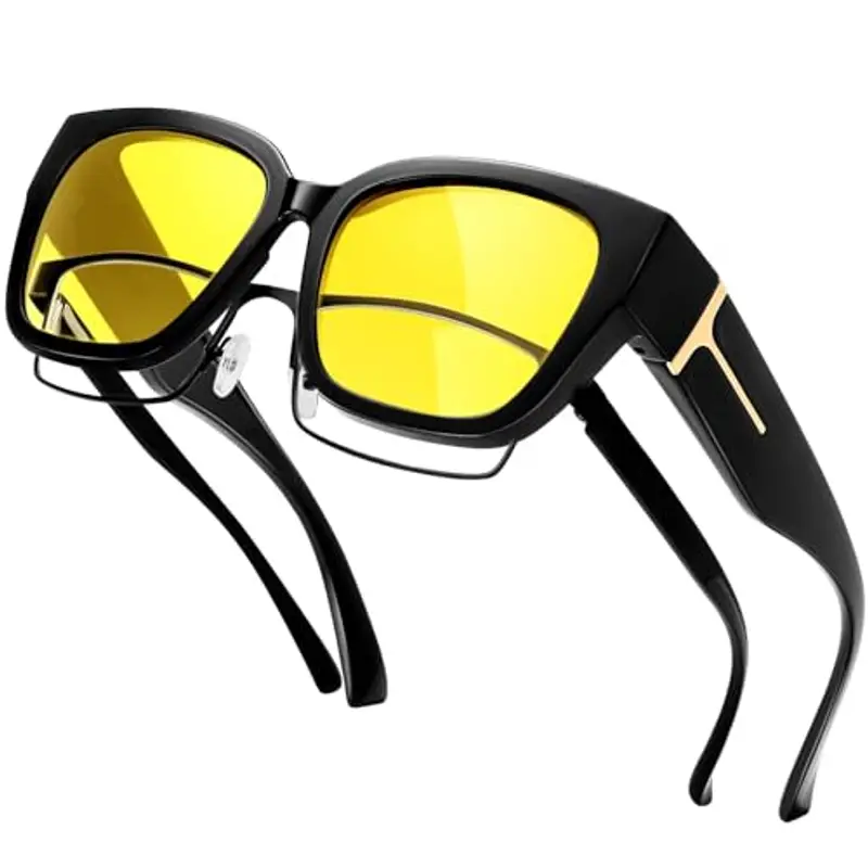 KANASTAL Occhiali Guida Notturna Donna Uomo Lenti Gialle Sovraocchiali Guida Notte Visione Notturni Quadrati Neri sovrapponibili over Glasses Yellow Night Driving Glasses -Gialli