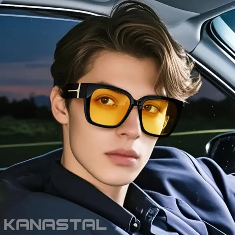 KANASTAL Occhiali Guida Notturna Donna Uomo Lenti Gialle Sovraocchiali Guida Notte Visione Notturni Quadrati Neri sovrapponibili over Glasses Yellow Night Driving Glasses -Gialli miniatura 2