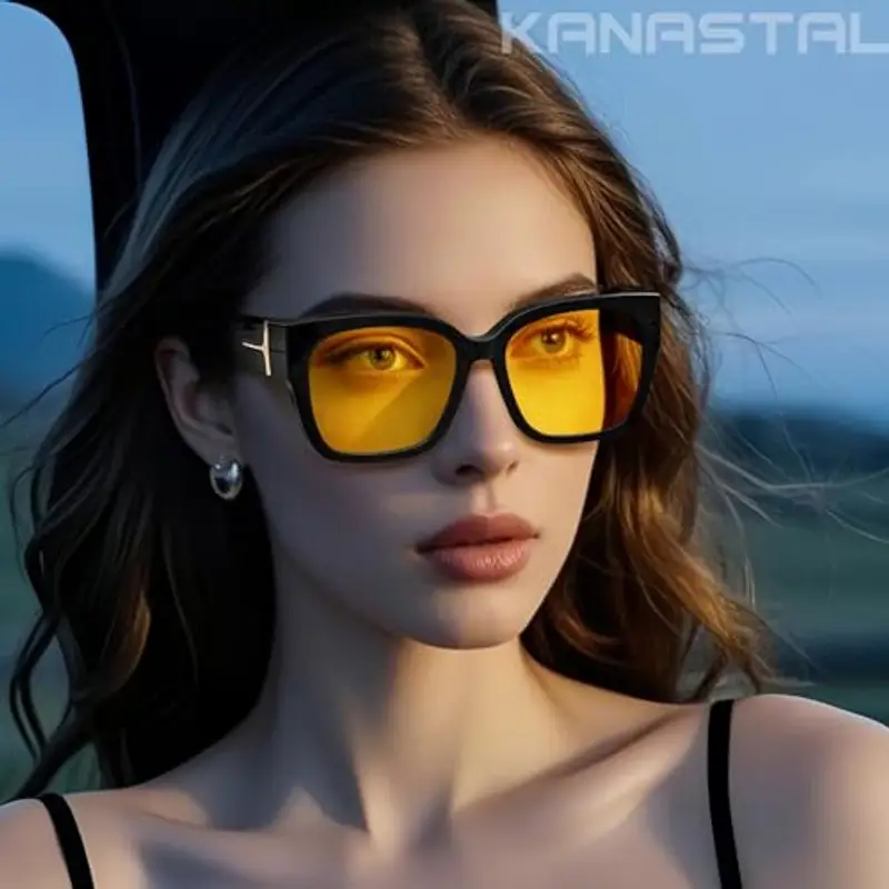 KANASTAL Occhiali Guida Notturna Donna Uomo Lenti Gialle Sovraocchiali Guida Notte Visione Notturni Quadrati Neri sovrapponibili over Glasses Yellow Night Driving Glasses -Gialli miniatura 3