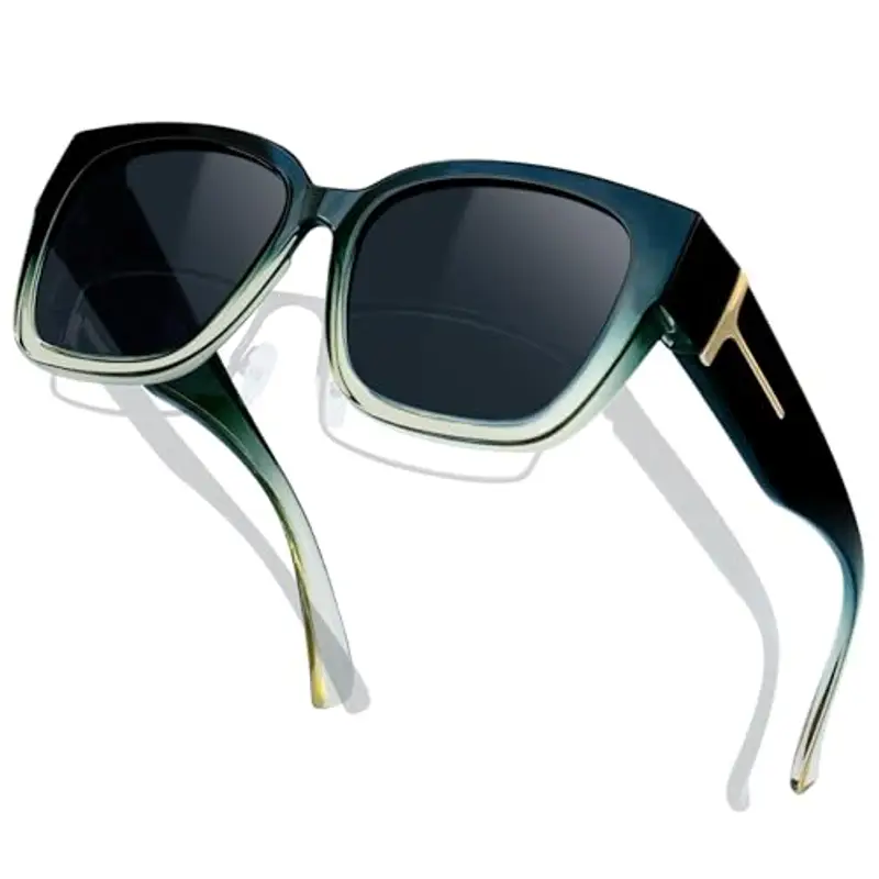 KANASTAL Sovraocchiali da Sole Polarizzati Neri Uomo Donna UV400 Scuri sopra Occhiali Quadrati Retrò Alla Moda Black Sunglasses Men Women Fit over Glasses -Lenti Neri Montatura Verdi Sfumati