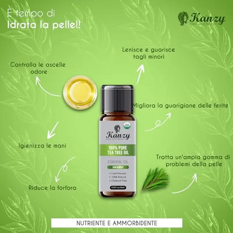Kanzy Tea Tree Oil Puro 100%, Olio di Albero Del Tè 10ml per Viso, Corpo, Unghie, Capelli e Aromaterapia Diffusore, Tee Tree Olio Essenziale Puro miniatura 3