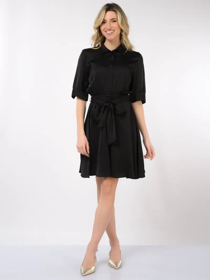 abito corto da donna Kaos effetto raso con fusciacca NERO miniatura 2