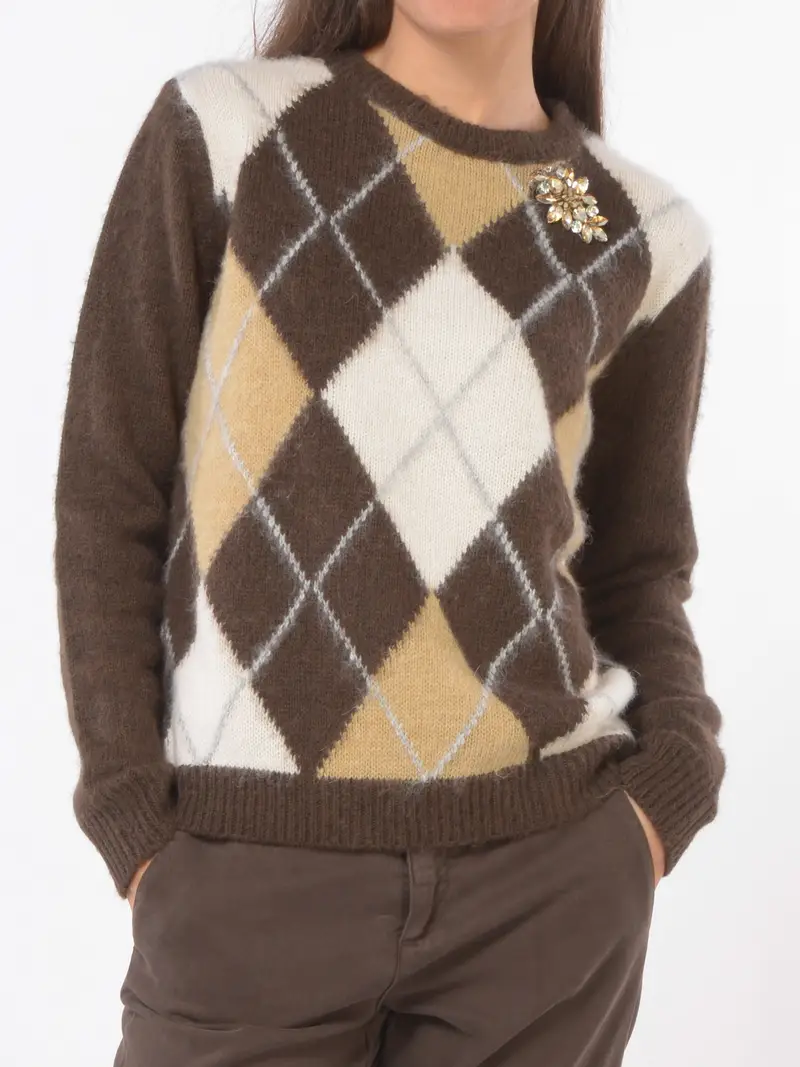 maglia da donna Kaos Jeans a rombi con spilla gioiello MARRON