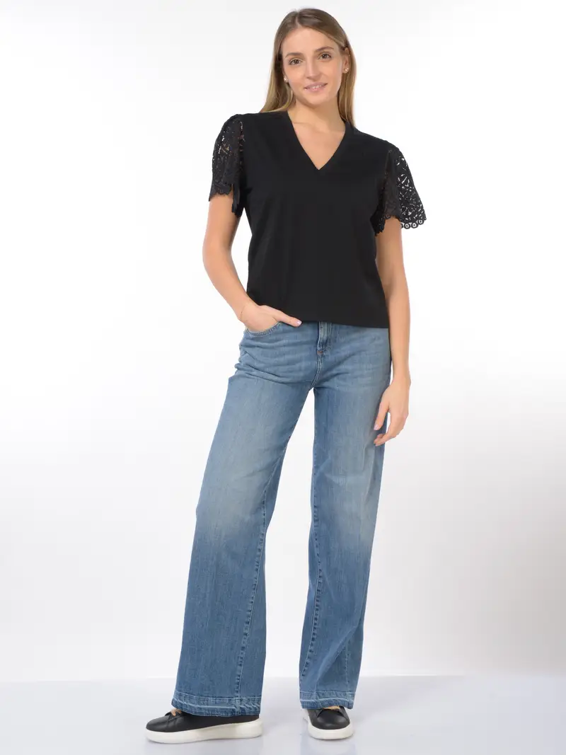 t Shirt da donna Kaos con scollo a V e maniche in pizzo NERO miniatura 2