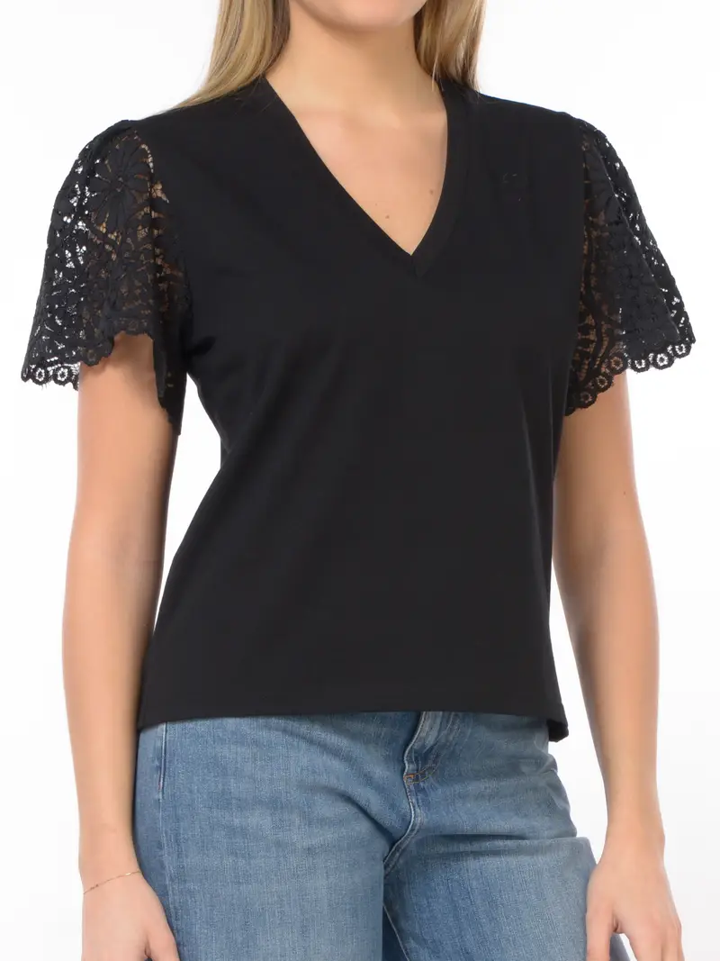 t Shirt da donna Kaos con scollo a V e maniche in pizzo NERO