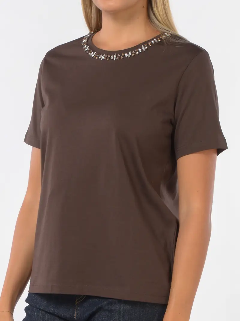 t Shirt da donna Kaos Jeans girocollo con pietre MARRON