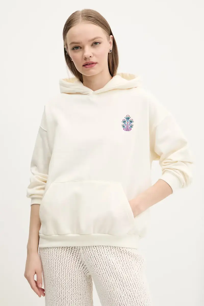 felpa donna colore beige con cappuccio con applicazione AQ040-01-M002 miniatura 3