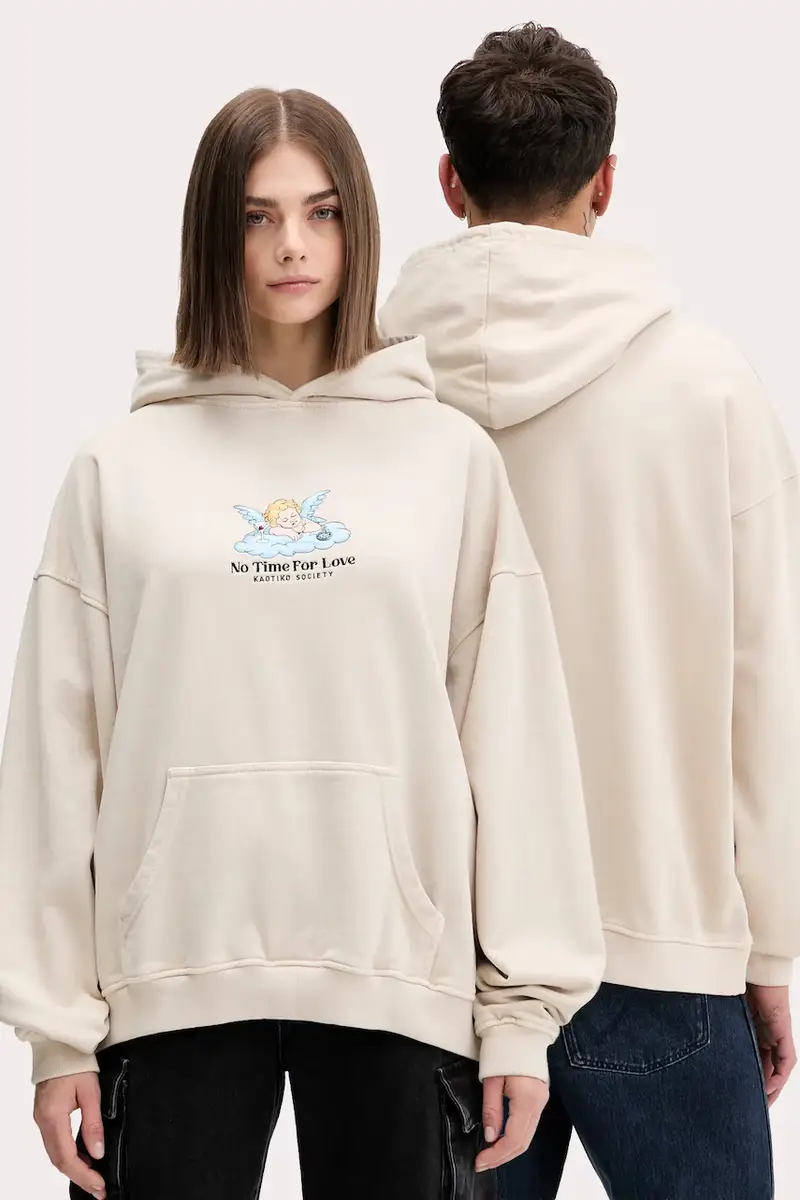 felpa in cotone colore beige con cappuccio con applicazione AR014-01-G002