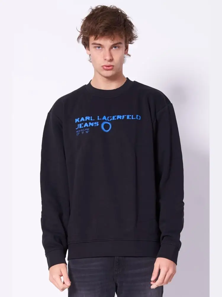 felpa a girocollo in cotone nero con logo blu