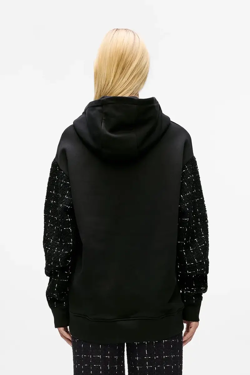 felpa con lana colore nero con cappuccio con applicazione A4W20064 miniatura 2