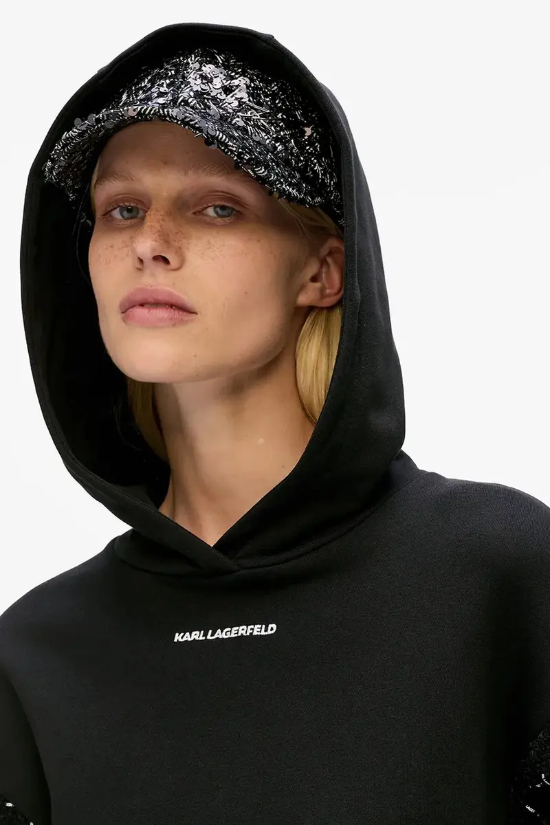 felpa con lana colore nero con cappuccio con applicazione A4W20064 miniatura 3