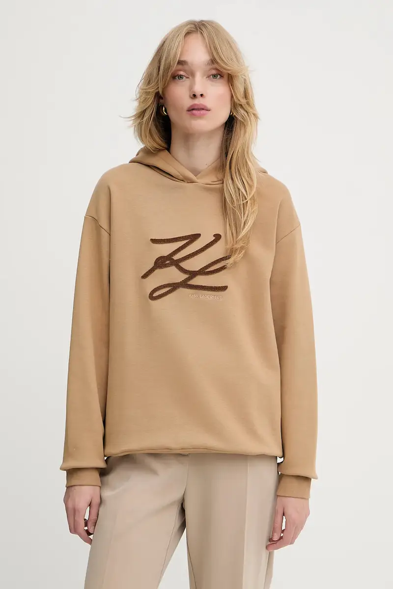 felpa donna colore beige con cappuccio con applicazione A3W20008