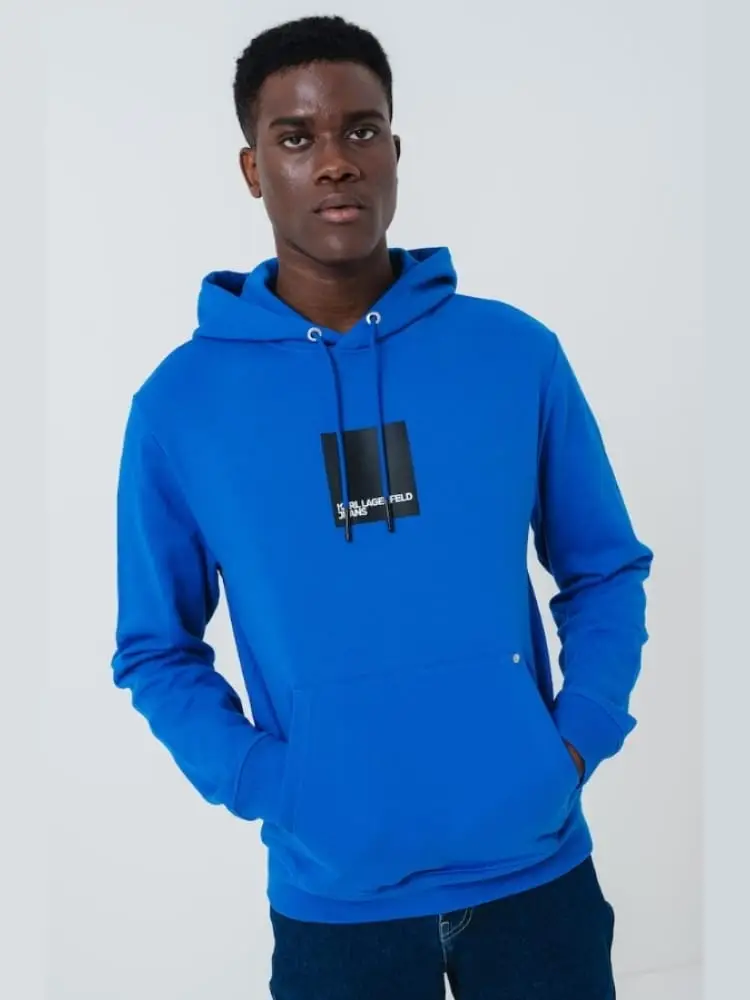 felpa in cotone blu con cappuccio e logo frontale