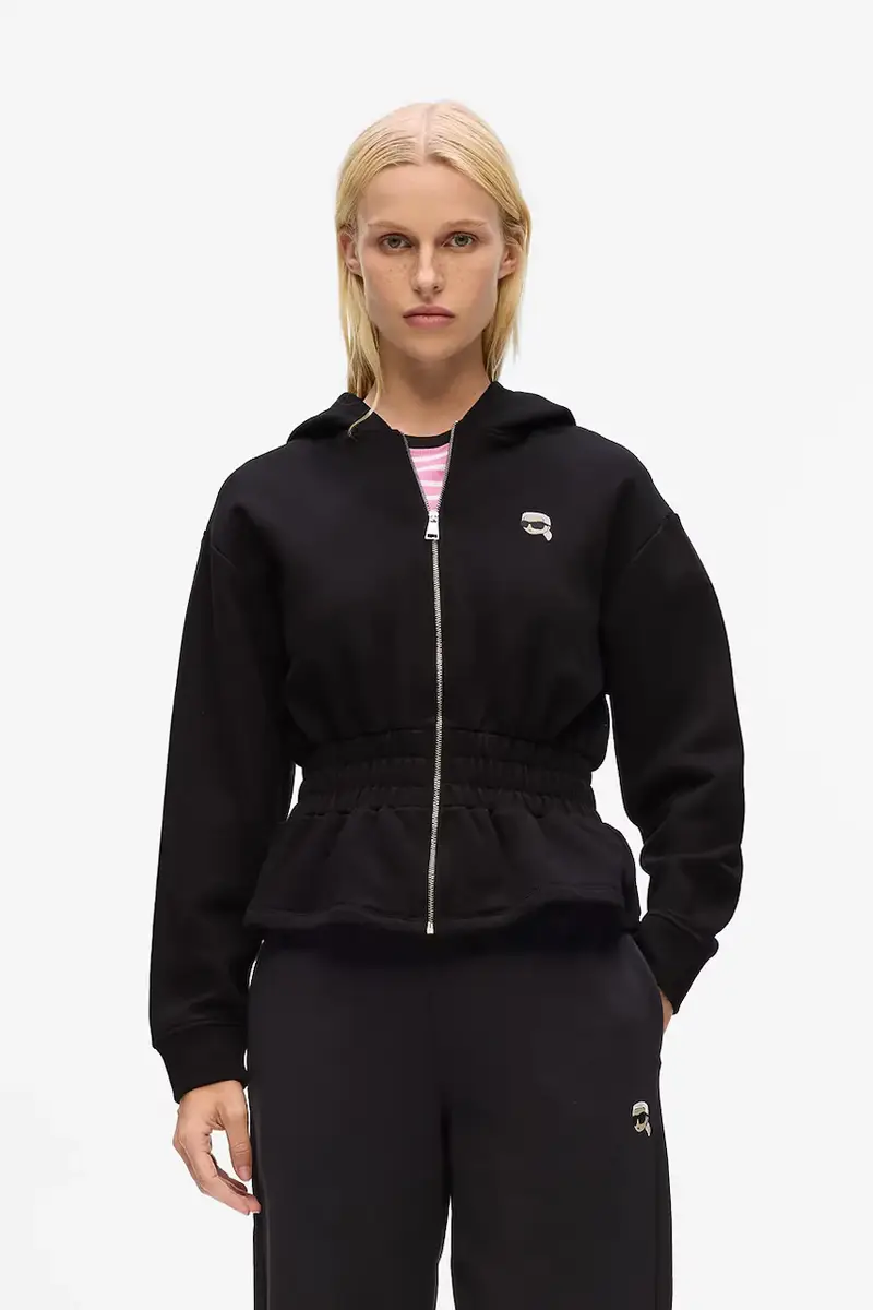 felpa in cotone donna colore nero con cappuccio con applicazione A4W20048