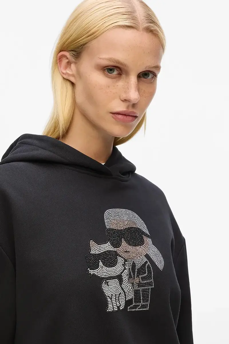 felpa in cotone donna colore nero con cappuccio con applicazione A4W20070 miniatura 3