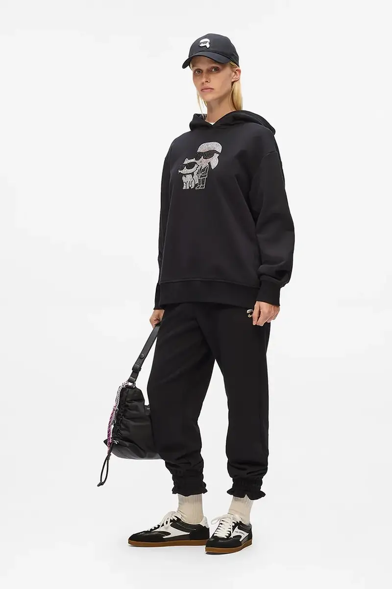 felpa in cotone donna colore nero con cappuccio con applicazione A4W20070 miniatura 4