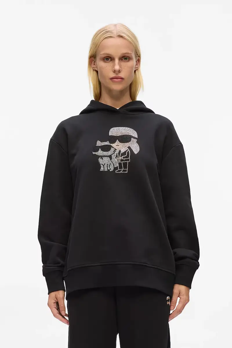 felpa in cotone donna colore nero con cappuccio con applicazione A4W20070